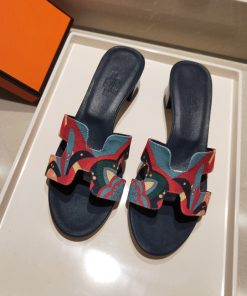 Hermes Oasis Slides Women Fantaisie Botanique Cotton Canvas In Red