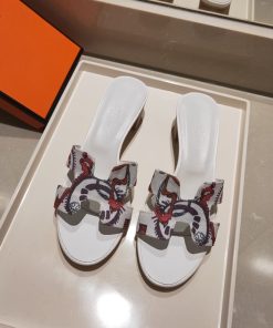 Hermes Oasis Slides Women Fantaisie Botanique Cotton Canvas In White
