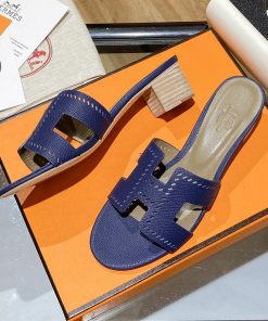 Hermes Oasis Slides Women Hollow Leather In Blue