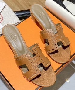 Hermes Oasis Slides Women Hollow Leather In Brown