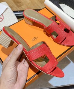 Hermes Oasis Slides Women Hollow Leather In Red