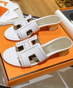 Hermes Oasis Slides Women Hollow Leather In White