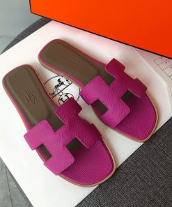 Hermes Oran Slides Women Grain Calfskin In Purple