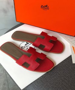 Hermes Oran Slides Women Grain Calfskin In Red