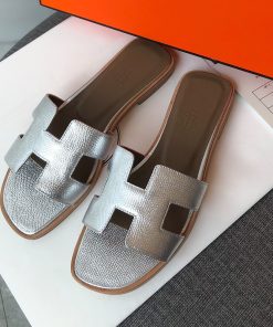 Hermes Oran Slides Women Grain Calfskin In Silver