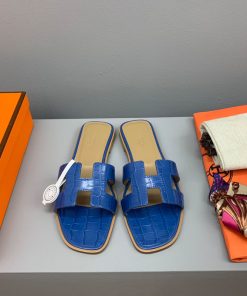 Hermes Oran Slides Women Crocodile Leather In Blue