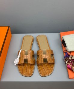 Hermes Oran Slides Women Crocodile Leather In Brown