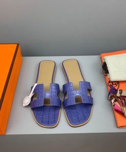 Hermes Oran Slides Women Crocodile Leather In Navy Blue