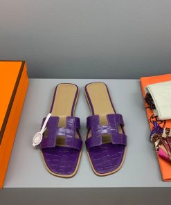 Hermes Oran Slides Women Crocodile Leather In Purple