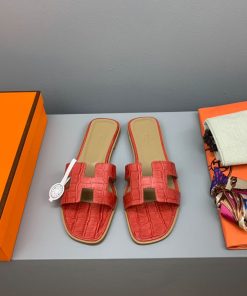 Hermes Oran Slides Women Crocodile Leather In Red