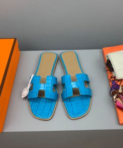 Hermes Oran Slides Women Crocodile Leather In Sky Blue