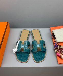 Hermes Oran Slides Women Crocodile Leather In Teal