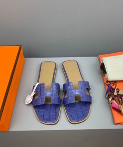 Hermes Oran Slides Women Crocodile Leather In Violet