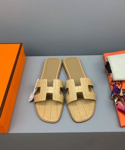 Hermes Oran Slides Women Crocodile Leather In Yellow