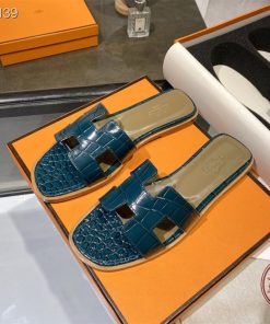 Hermes Oran Slides Women Alligator Leather In Blue