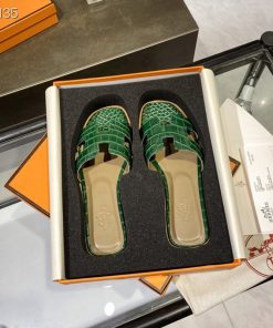 Hermes Oran Slides Women Alligator Leather In Green