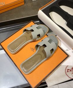 Hermes Oran Slides Women Alligator Leather In Grey