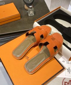 Hermes Oran Slides Women Alligator Leather In Orange
