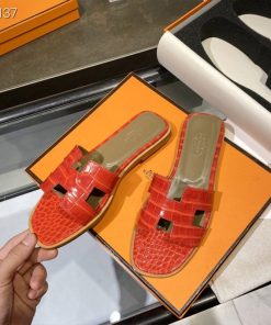 Hermes Oran Slides Women Alligator Leather In Red
