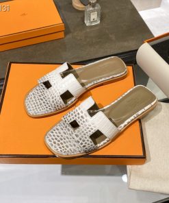 Hermes Oran Slides Women Alligator Leather In White