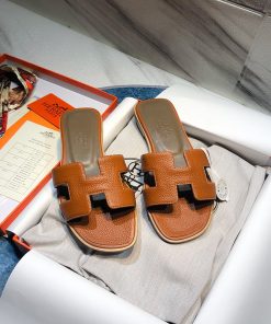Hermes Oran Slides Women Calf Leather In Brown