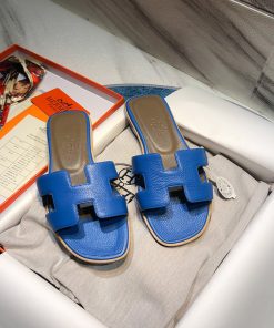 Hermes Oran Slides Women Calf Leather In Dark Blue