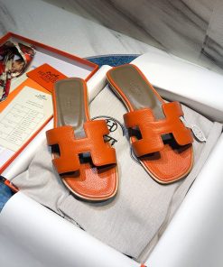 Hermes Oran Slides Women Calf Leather In Orange