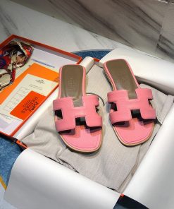 Hermes Oran Slides Women Calf Leather In Pink