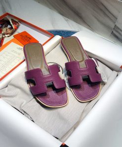 Hermes Oran Slides Women Calf Leather In Purple