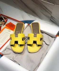 Hermes Oran Slides Women Calf Leather In Yellow