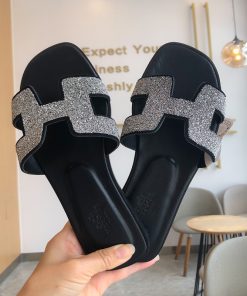Hermes Oran Slides Women Glitter Leather In Black Silver