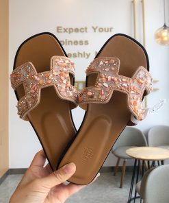 Hermes Oran Slides Women Glitter Leather With Gravel Drill In Beige