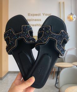 Hermes Oran Slides Women Glitter Leather With Gravel Drill In Black