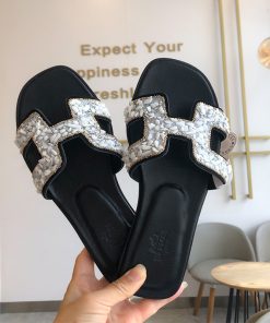 Hermes Oran Slides Women Glitter Leather With Gravel Drill In Black White