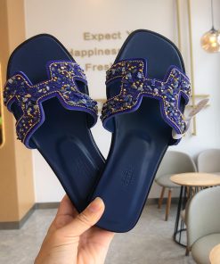 Hermes Oran Slides Women Glitter Leather With Gravel Drill In Blue