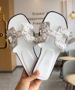 Hermes Oran Slides Women Glitter Leather With Gravel Drill In White