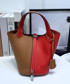 Hermes Picotin Lock Bag Bicolor Clemence Leather Palladium Hardware In Brown Red