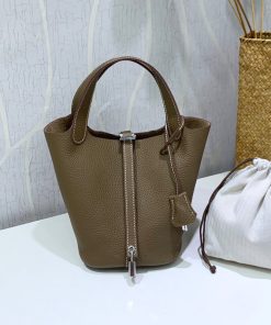Hermes Picotin Lock Bag Clemence Leather Palladium Hardware In Taupe