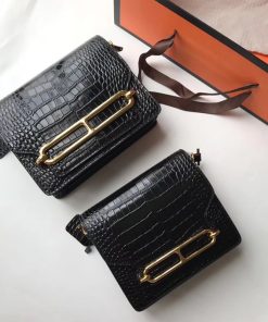 Hermes Roulis Bag Alligator Leather Gold Hardware In Black