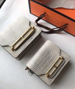 Hermes Roulis Bag Alligator Leather Gold Hardware In Grey