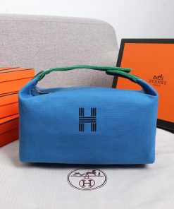Hermes Trousse Bride-A-Brac Case Canvas Palladium Hardware In Blue