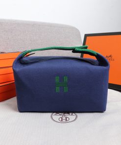 Hermes Trousse Bride-A-Brac Case Canvas Palladium Hardware In Navy Blue