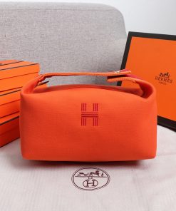 Hermes Trousse Bride-A-Brac Case Canvas Palladium Hardware In Orange