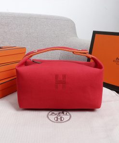 Hermes Trousse Bride-A-Brac Case Canvas Palladium Hardware In Red
